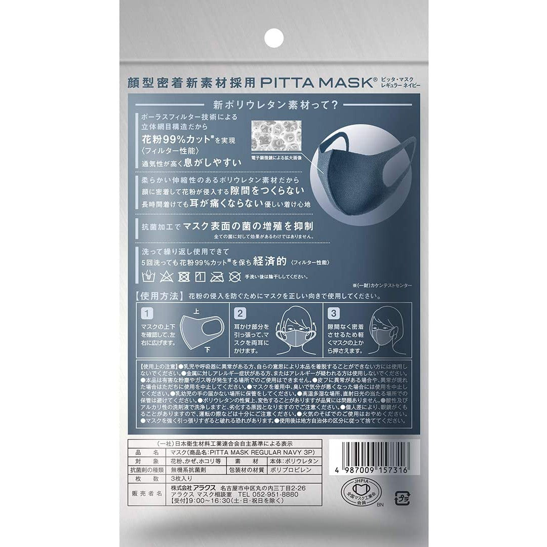 PITTA MASK REGULAR NAVY 3 pieces Made In Japan